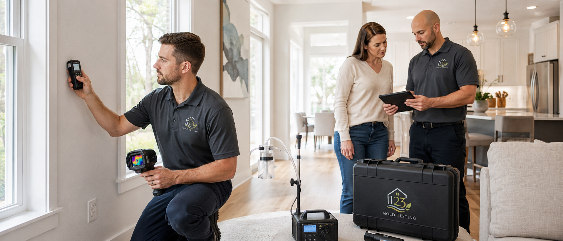 123 Mold Testing inspectors performing a professional mold inspection in a Los Angeles home
